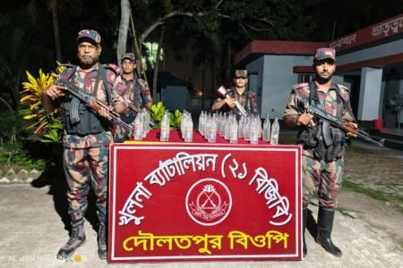 বেনাপোল দৌলতপুর সিমান্ত এলাকায় বিজিবি অভিযানে ৩৪ বোতল ভারতীয় পাঞ্চ মদ উদ্ধার 