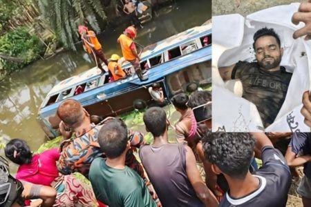 পাইকগাছার যাত্রীবাহী বাস খুলনার গুটদিয়ায় পুকুরে ;  নিহত -১